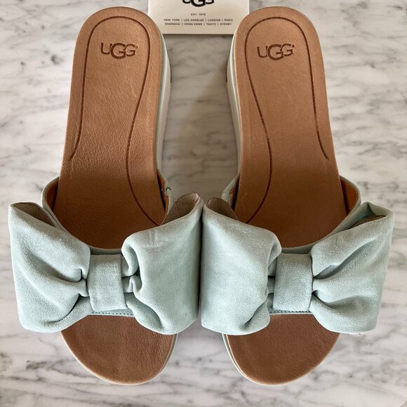 UGG Joan Bow Sandals Slides Platform Aqua Suede size10 Brand New - Picture 1 of 9